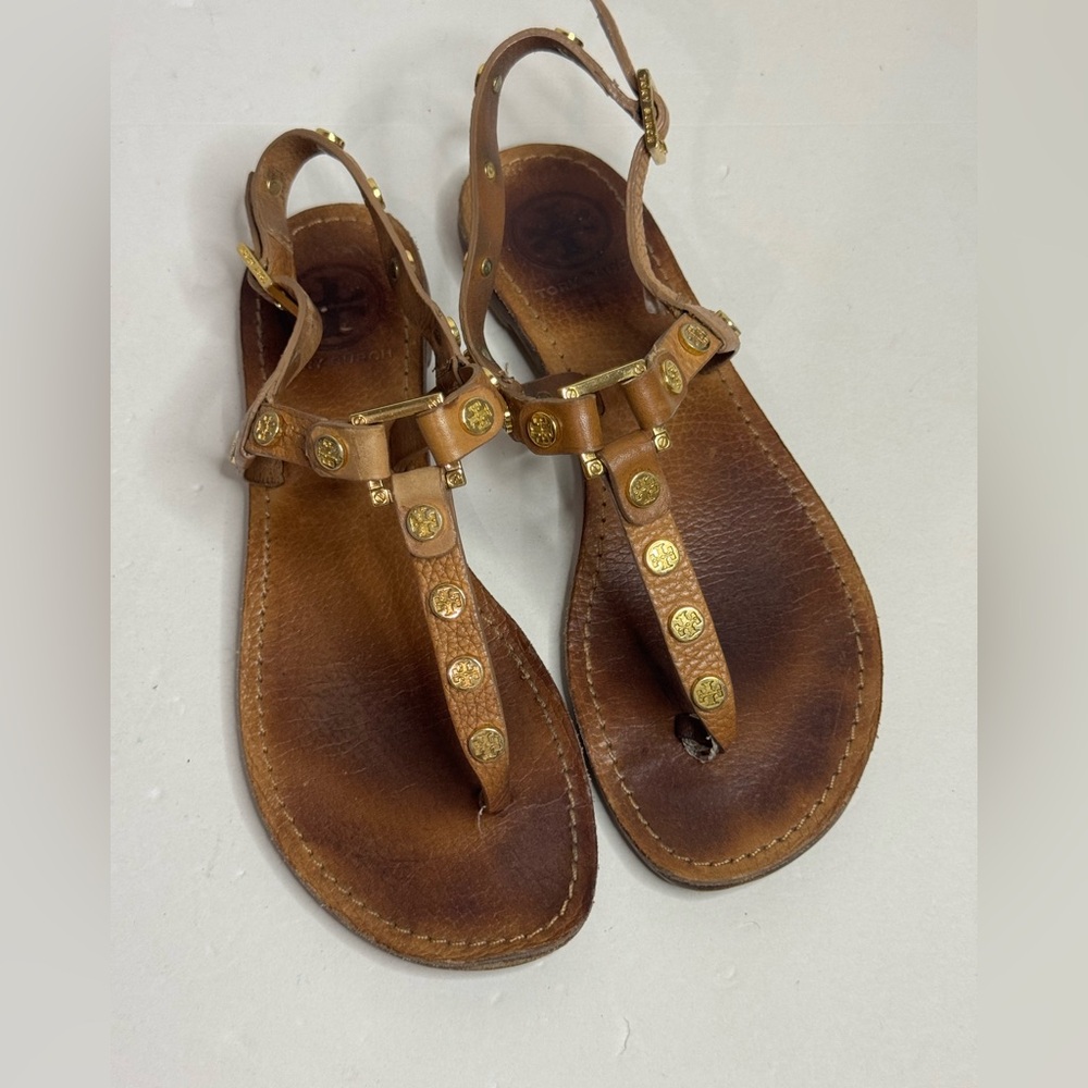 Tory Burch Womens Leather Ankle Strap Sandals Sz US 6 T Strap Logo
